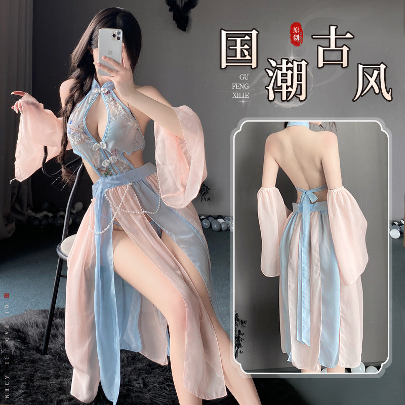 「PRE-ORDER」Original Guofeng Fairy Costume in Blue & Pink with Embroidery, Halter Cut-out & Sheer Lantern Sleeves