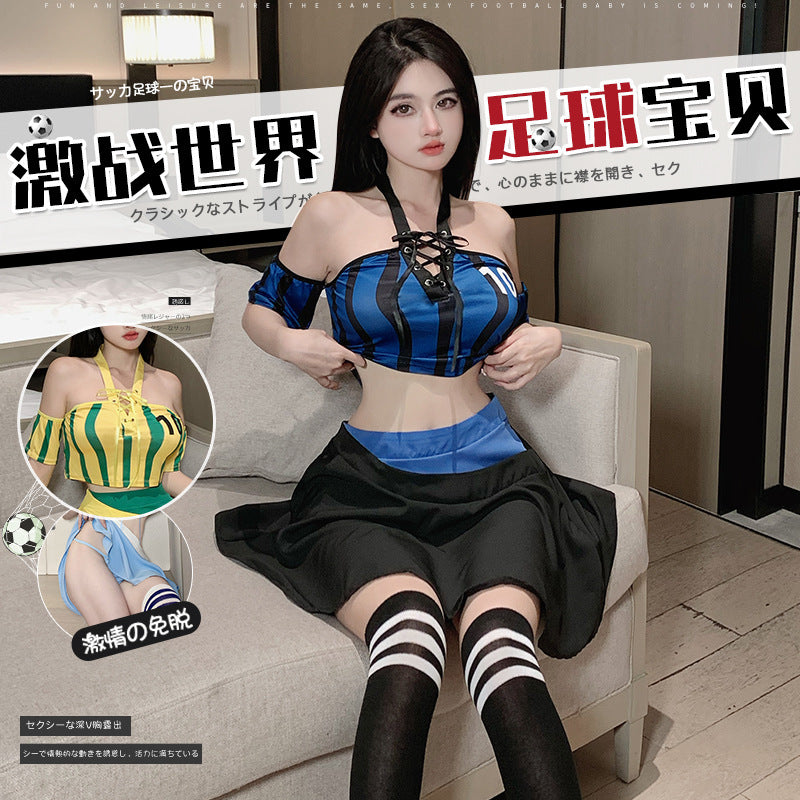 「PRE-ORDER」Sexy Football Babe Roleplay Costume, World Cup Theme Striped Jersey Style Halter Lacing Off-Shoulder Top & Skirt Set
