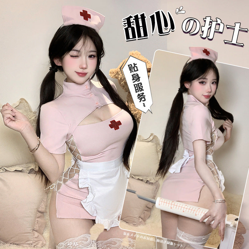 「PRE-ORDER」Sweetheart Nurse Chinese Qipao Collar Cut-out Lacing Uniform Temptation Pink Set