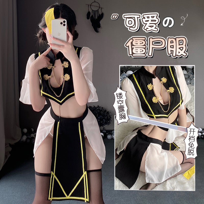 「PRE-ORDER」Sexy Chinese "Jiangshi" Zombie Roleplay Costume with Mandarin Collar, Chains & Cut-out Skirt Set