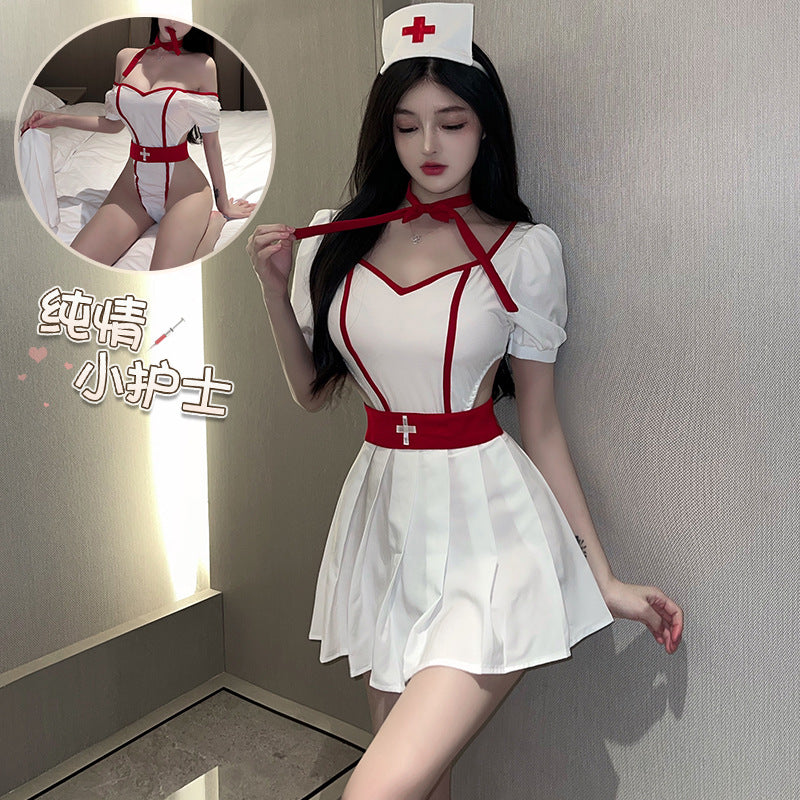 「PRE-ORDER」Sexy Nurse Roleplay Costume with Off-Shoulder Puff Sleeves, Waist Cut-out & Pleated Skirt