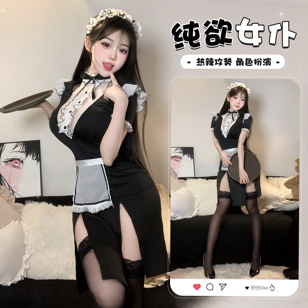 「PRE-ORDER」French Sexy Maid Costume "Pure & Sexy" Style with Lace Ruffles, Apron & High-Slit Dress