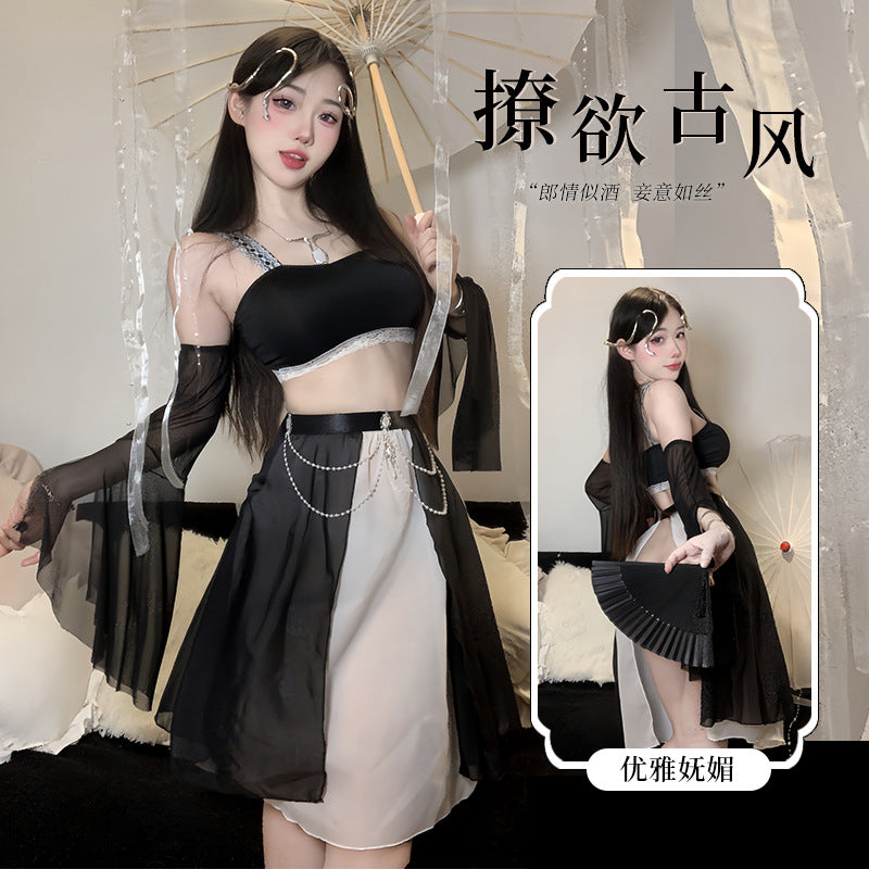 「PRE-ORDER」Guofeng "Xianxia" Fairy Costume Black & White Bandeau with Sheer Water Sleeves & Slit Skirt Set