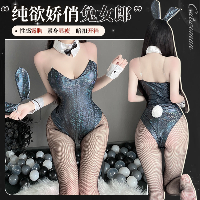 「PRE-ORDER」Sexy Bunny Girl Costume with Iridescent Snakeskin Metallic Bodysuit