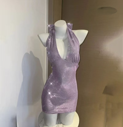 「PRE-ORDER」Glitter Lurex Halter Bow Plunging V-Neck Bodycon Party Dress
