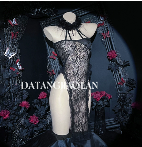 「PRE-ORDER」Dark Style Sheer Lace Cheongsam High-Slit Feather Mandarin Collar Sexy Gown
