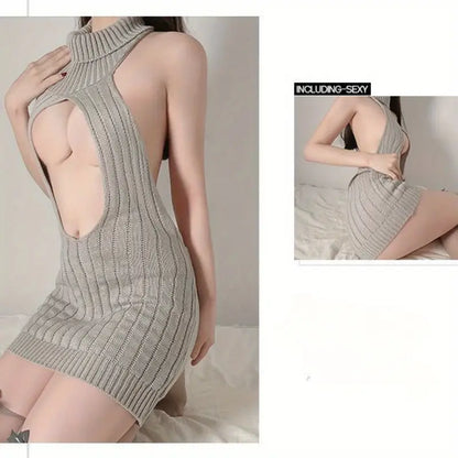 Sexy Lingerie Open Crotch Backless Tease Sweater Women'S Sleepwear Transparent Uniform Sexy Passion Skirt Shorts Bodysuit