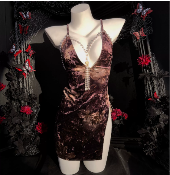 「PRE-ORDER」Vintage Pearl Chain Tassel Halter Plunging V-Neck Crushed Velvet Slit Dress