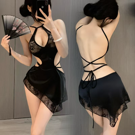 「PRE-ORDER」 Lace & Satin Halter Cut-out Criss-Cross Backless Slit Lingerie