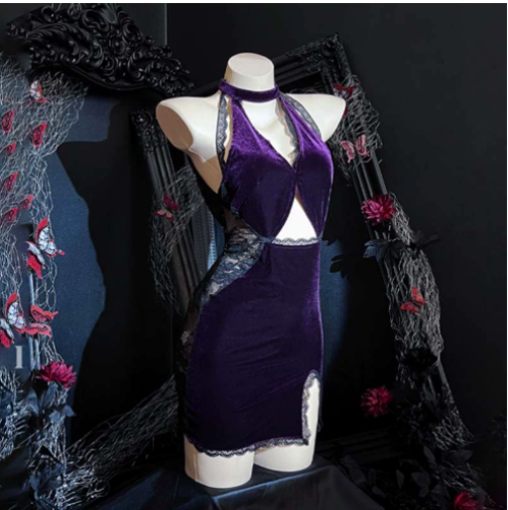 「PRE-ORDER」Gothic Sexy Purple Velvet & Lace Panel Halter Cut-Out Bodycon Dress