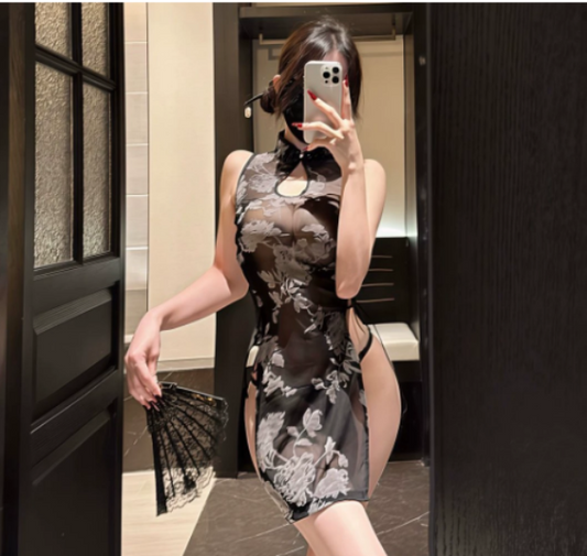 「PRE-ORDER」Chinese Style Ink-Wash Print Sheer Cheongsam with Cut-Out & Side-Tie Slits
