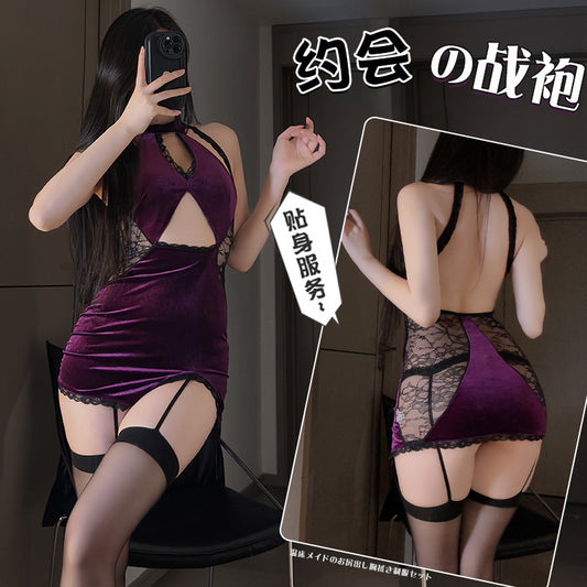 「PRE-ORDER」French Palace Style Red Ve「PRE-ORDER」lvet Black Lace Halter Cut-out Sexy Lingerie Dress