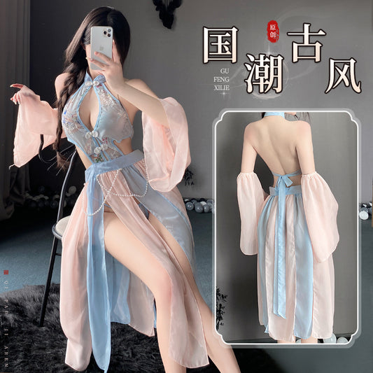 「PRE-ORDER」Original Guofeng Fairy Costume in Blue & Pink with Embroidery, Halter Cut-out & Sheer Lantern Sleeves