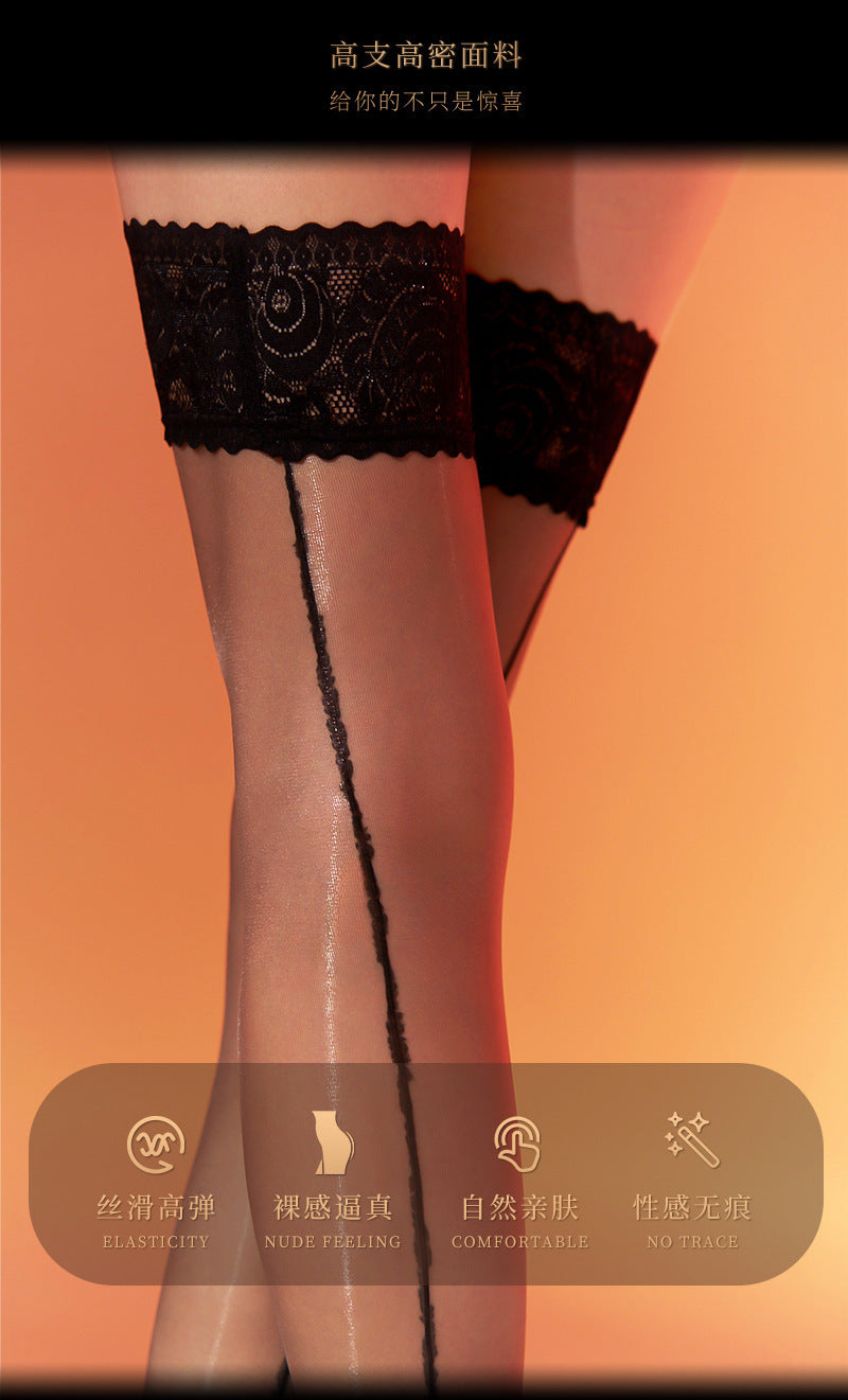 Peachy Bas noirs brillants mi-cuisse avec dentelle noire et couture arrière noire