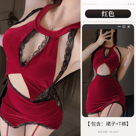 「PRE-ORDER」French Palace Style Red Velvet Black Lace Halter Cut-out Sexy Lingerie Dress