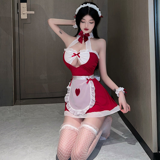 「PRE-ORDER」French Sexy Maid Roleplay Costume Red & White Heart Apron Halter Dress Set