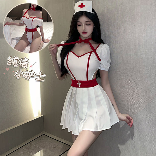 「PRE-ORDER」Sexy Nurse Roleplay Costume with Off-Shoulder Puff Sleeves, Waist Cut-out & Pleated Skirt