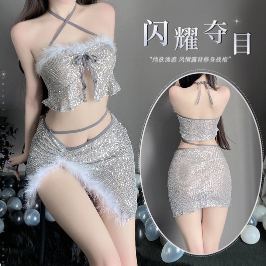 「PRE-ORDER」Sexy Party Queen Silver Sequin & Fur Trim Halter Top with Slit Skirt Set