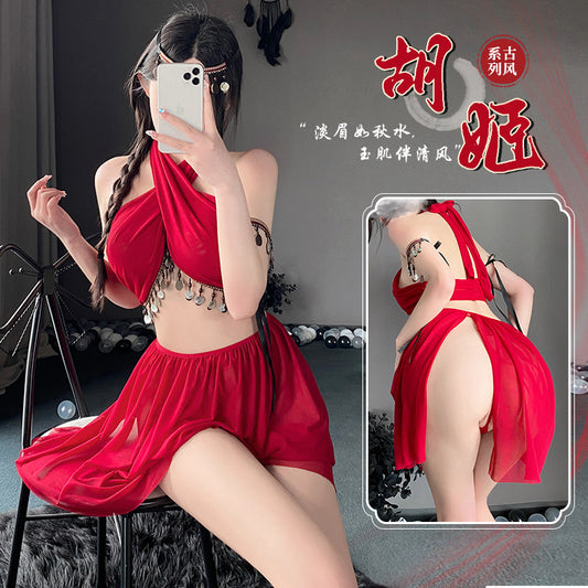 「PRE-ORDER」Exotic Ancient Style "Huji" Dancer Costume with Red Sheer Draped Top, Coin Trim & Slit Shorts