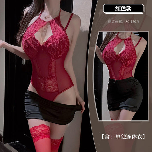 「PRE-ORDER」French Sexy Lace Panel Sheer Halter Bodycon Lingerie Nightgown
