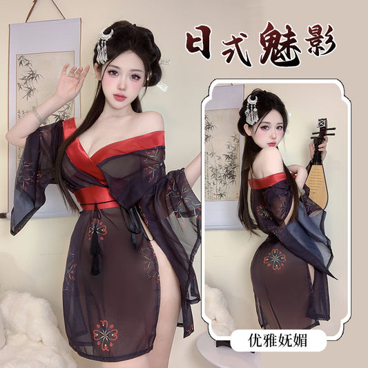 「PRE-ORDER」Japanese Style Sexy "Oiran" Costume Sheer Print Wide-Sleeve Off-the-Shoulder Slit Robe