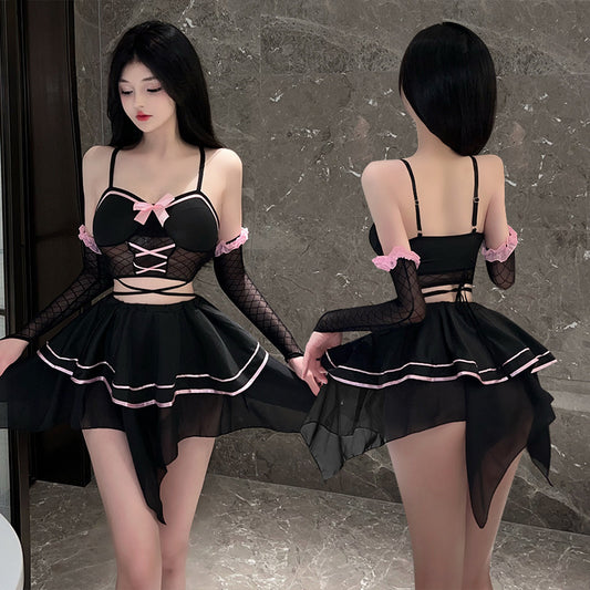 「PRE-ORDER」Sexy Maid Style Black & Pink Lace Lacing Ruffle Irregular Hem Lingerie Set