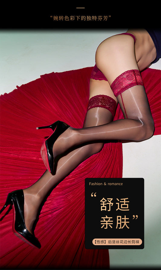 Peachy Bas noirs mi-cuisse avec dentelle rouge et couture arrière rouge