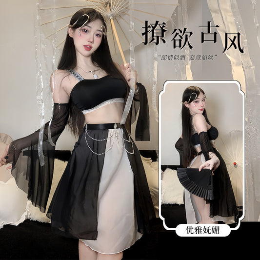 「PRE-ORDER」Guofeng "Xianxia" Fairy Costume Black & White Bandeau with Sheer Water Sleeves & Slit Skirt Set