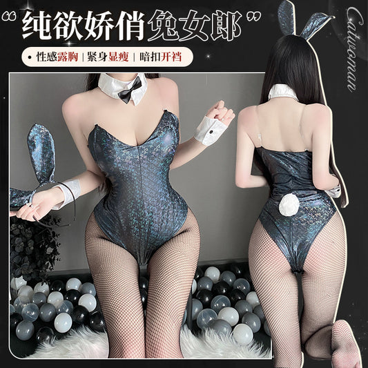 「PRE-ORDER」Sexy Bunny Girl Costume with Iridescent Snakeskin Metallic Bodysuit
