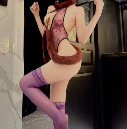 The Violet Vixen – Fur-Trimmed Dark Violet Bodysuit